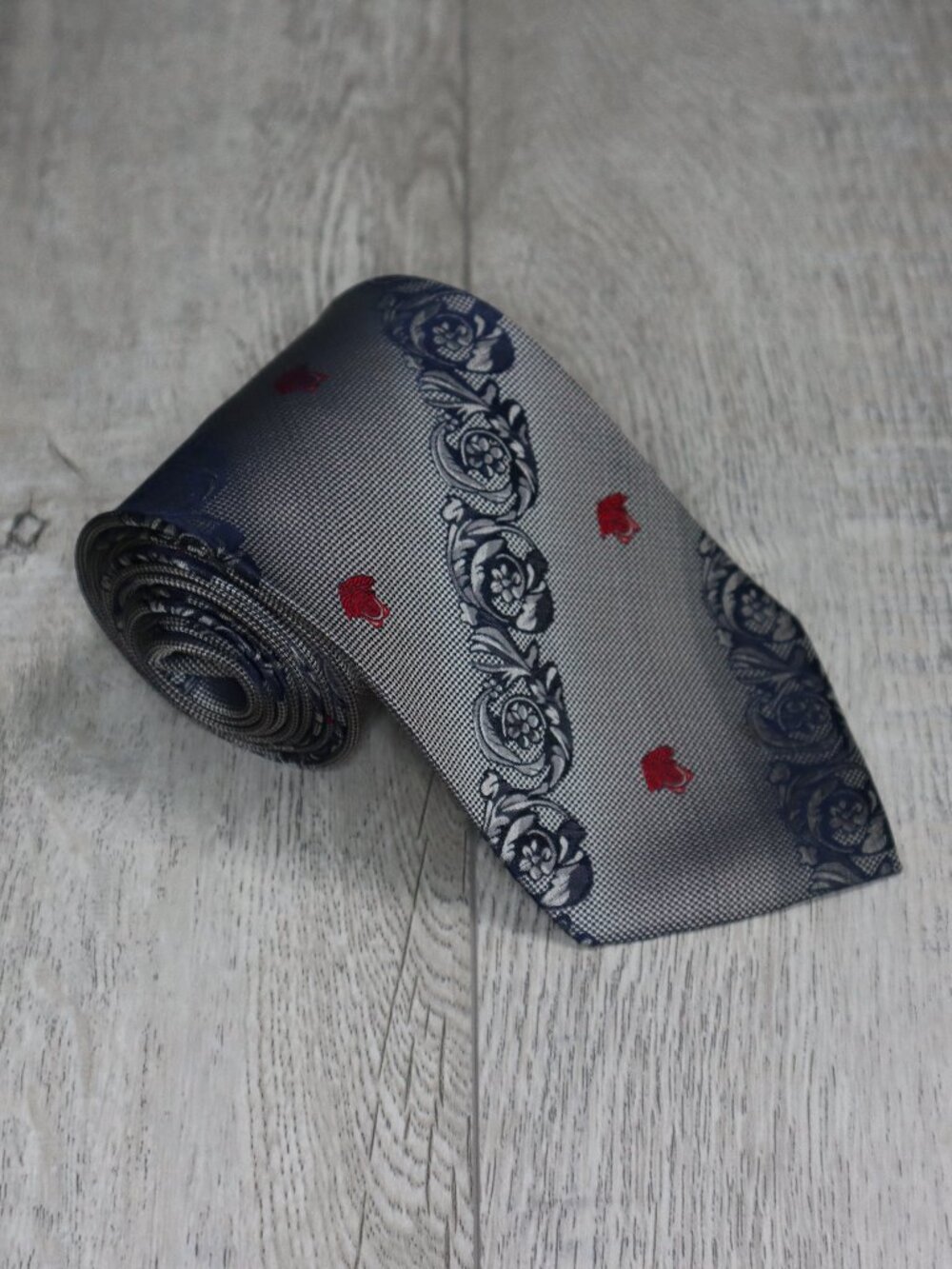 Gianni Versace Silk Tie Gray Blue Red Medusa Floral Baroque Pattern - Flawed